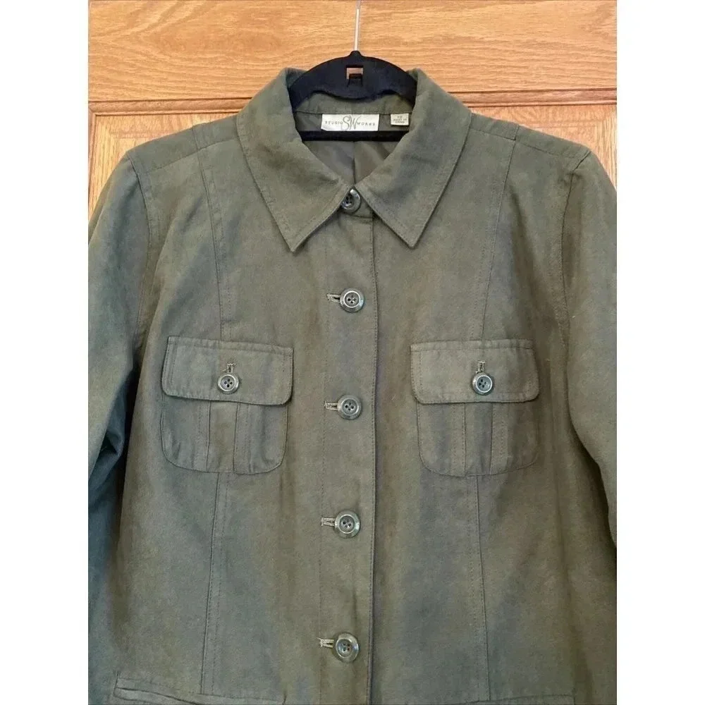 Studio Works Women's Green Button Front Suede Jacket Sz 12 Pockets Collared